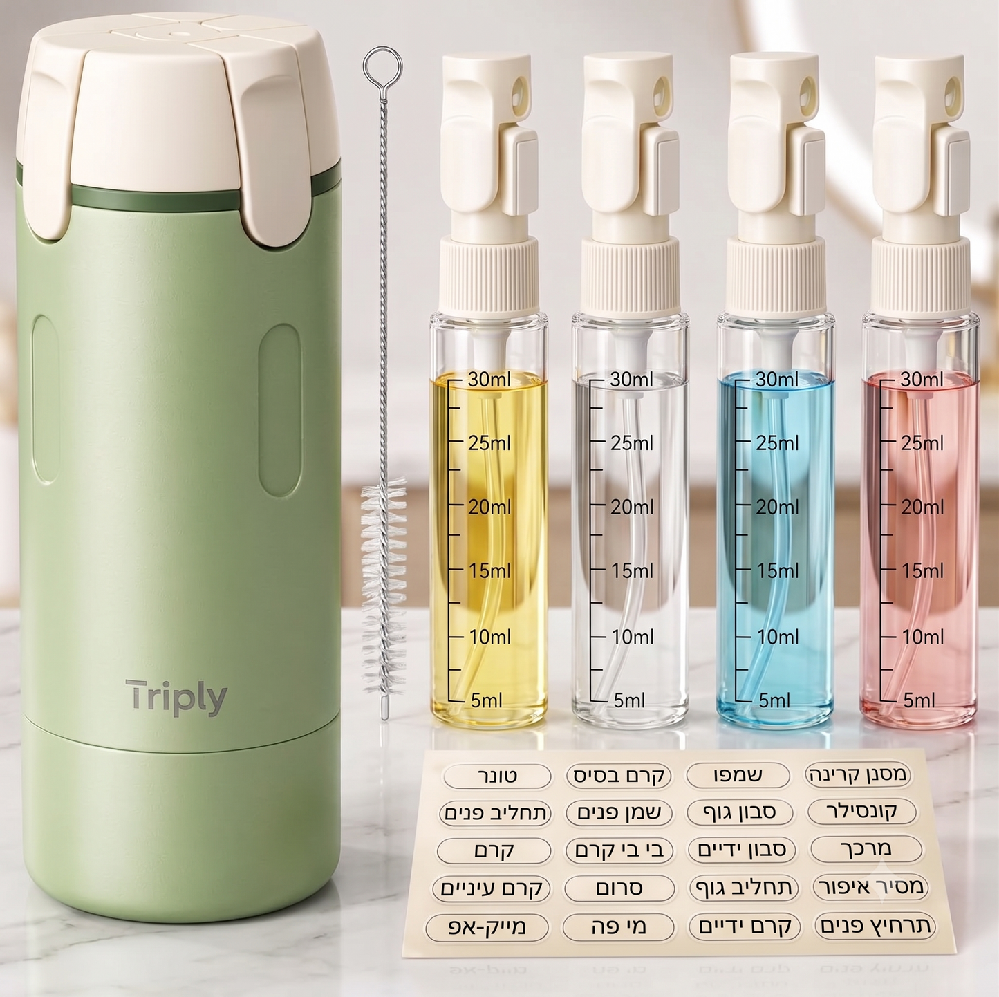 Triply™ - הבקבוק החכם לסדר בקבוקי הטיפוח